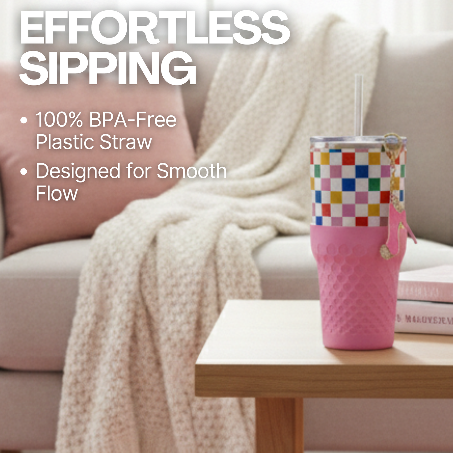 Biddlebee 30oz Colorful Check Straw Tumbler – Pink Silicone Boot & Sparkly High Heel Charm | Cup Holder Friendly