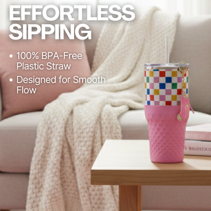 Biddlebee 30oz Colorful Check Straw Tumbler – Pink Silicone Boot & Sparkly High Heel Charm | Cup Holder Friendly