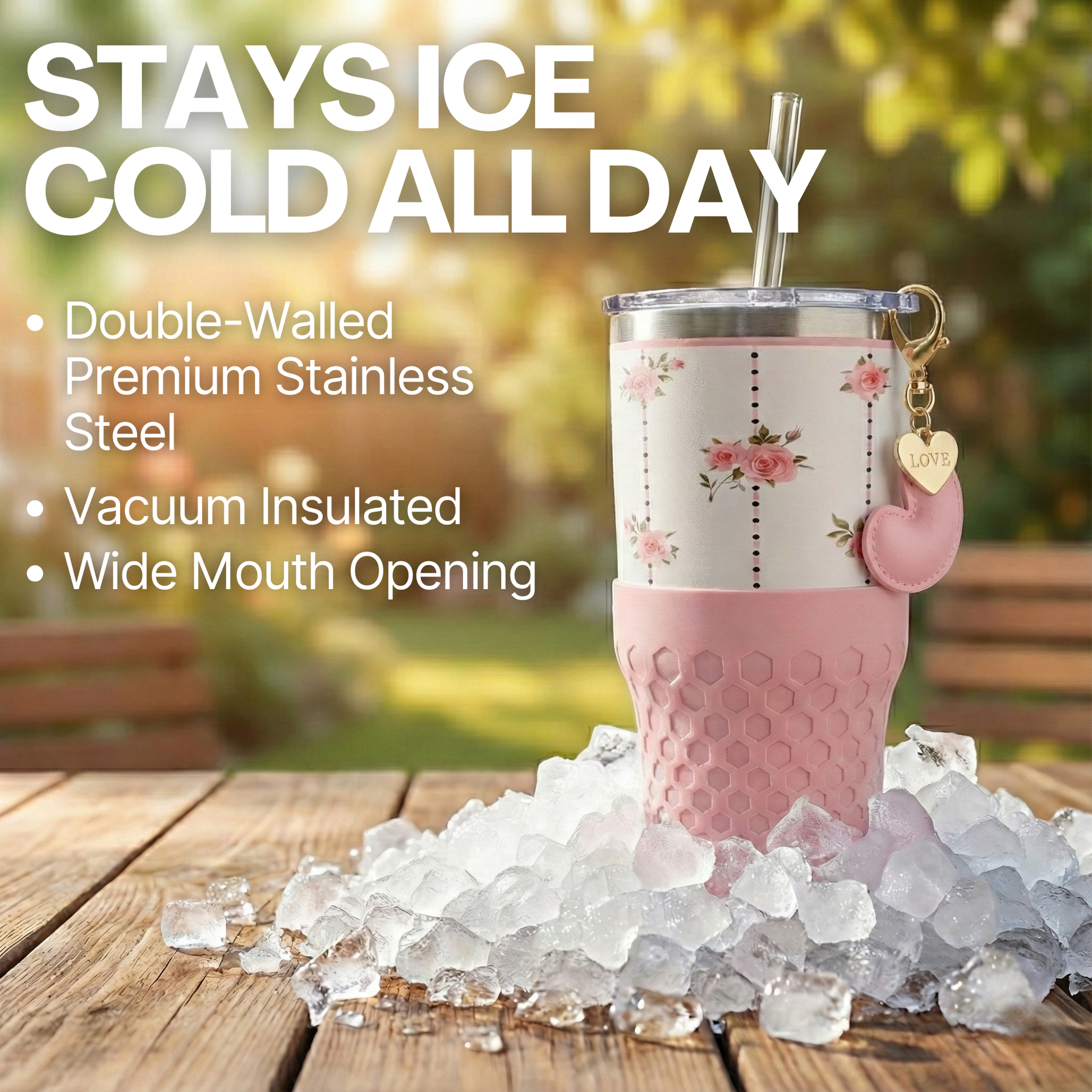 Biddlebee 30oz pink roses charm tumbler with easy sip straw lid, removable heart charm, and protective silicone booton a wooden surface with ice cubes, surrounded by greenery.