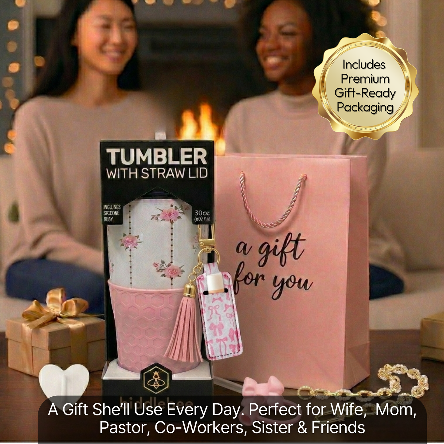 Biddlebee 30oz Vintage Pink Roses Straw Tumbler – Cup Holder Friendly Luxe Set w/ Pearl Chain Handle & Accessories