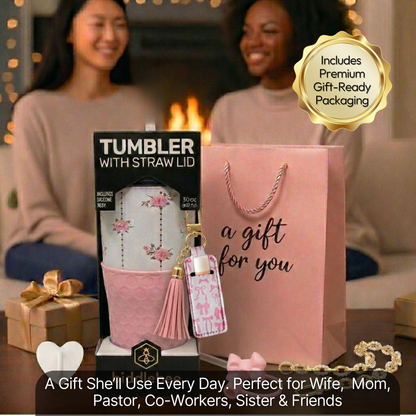 Biddlebee 30oz Vintage Pink Roses Straw Tumbler – Cup Holder Friendly Luxe Set w/ Pearl Chain Handle & Accessories