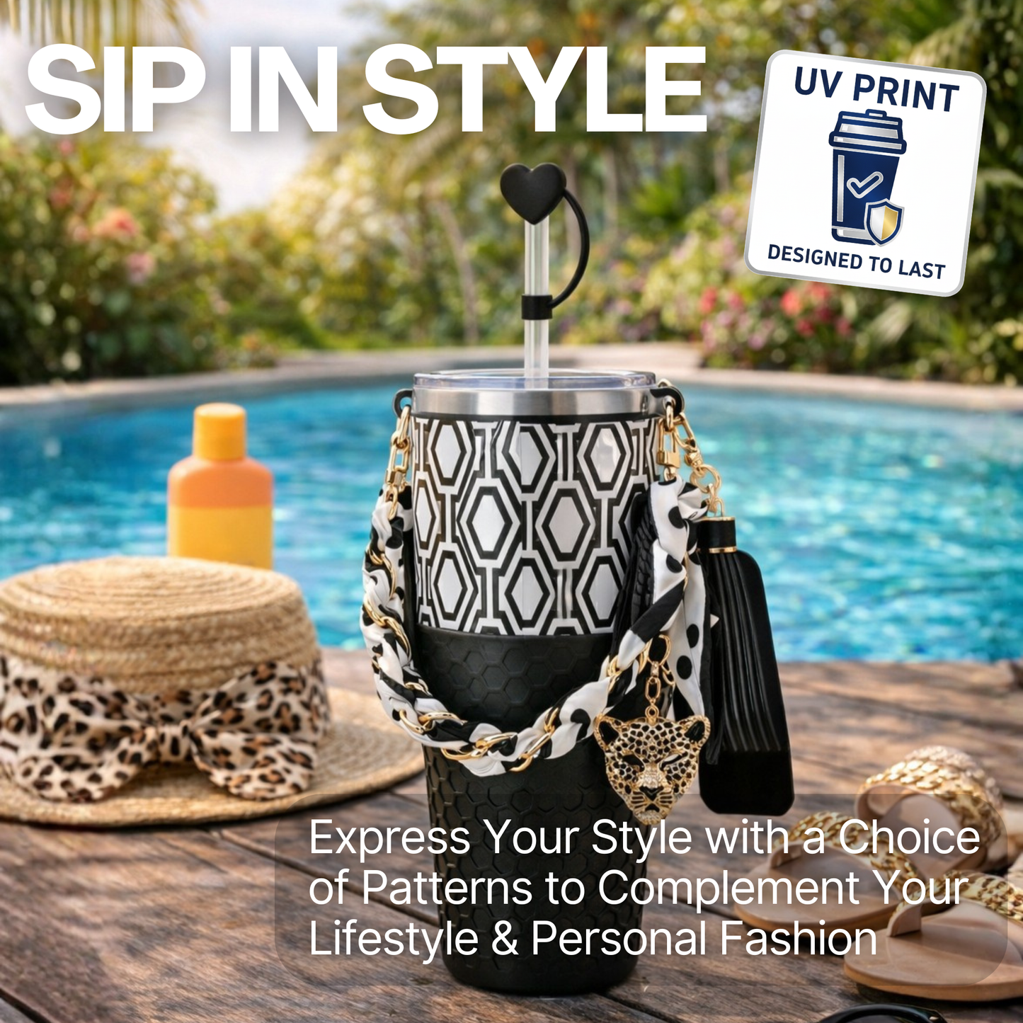 Biddlebee 30oz Black & White Geometric Straw Tumbler – Cup Holder Friendly Luxe Set w/ Leopard Charm & Chain Handle