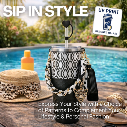 Biddlebee 30oz Black & White Geometric Straw Tumbler – Cup Holder Friendly Luxe Set w/ Leopard Charm & Chain Handle