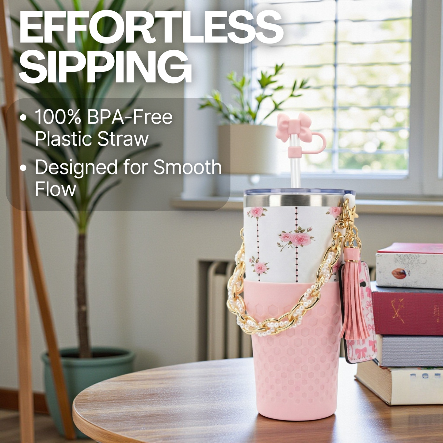 Biddlebee 30oz Vintage Pink Roses Straw Tumbler – Cup Holder Friendly Luxe Set w/ Pearl Chain Handle & Accessories