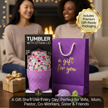 Biddlebee 30oz Floral Garden Straw Tumbler – Cup Holder Friendly w/ Purple Tulip Charm