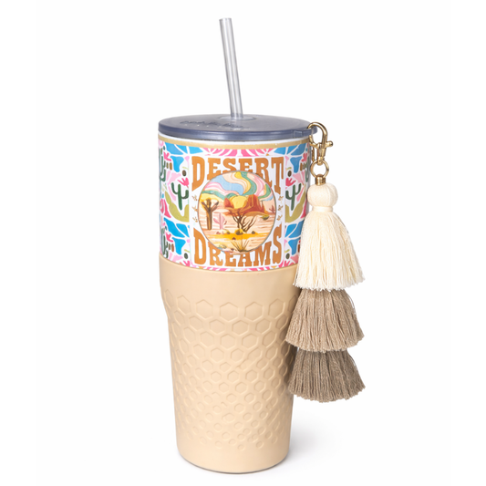Biddlebee 30oz Desert dreams Charm tumbler with easy sip straw, boho tassel charm, and silicone boot.  Features southwestern boho print pattern. 
