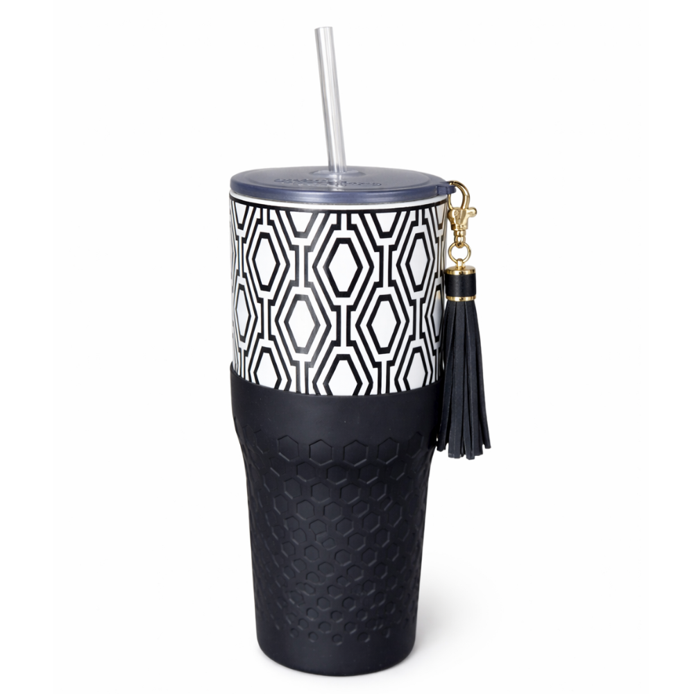 Biddlebee 30oz Black & White Charm tumbler with a straw lid, vegan tassel and silicone boot on a white background