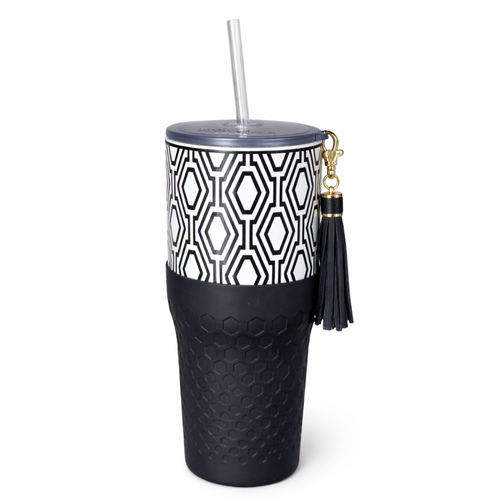 Biddlebee 30oz Black & White Charm tumbler with a straw lid, vegan tassel and silicone boot on a white background