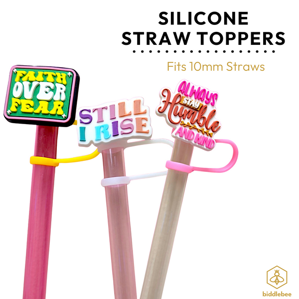 Biddlebee Silicone straw toppers with motivational phrases on a white background