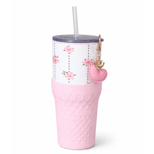 Biddlebee 30oz pink roses charm tumbler with easy sip straw lid, removable heart charm, and protective silicone boot