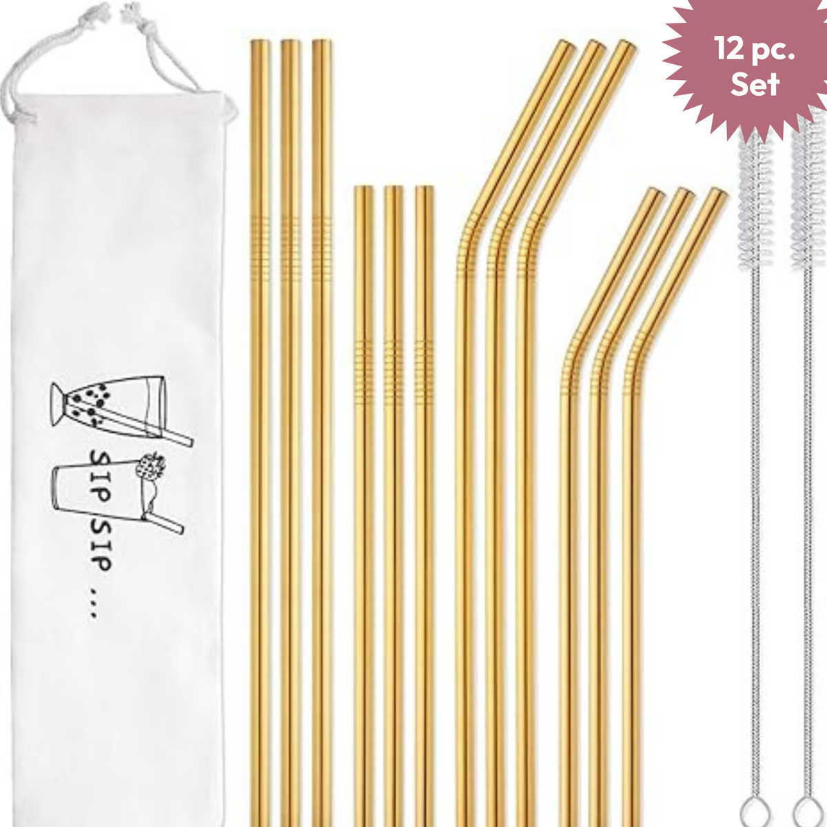 Stainless Steel Straw 12-Pack | Glam Gold