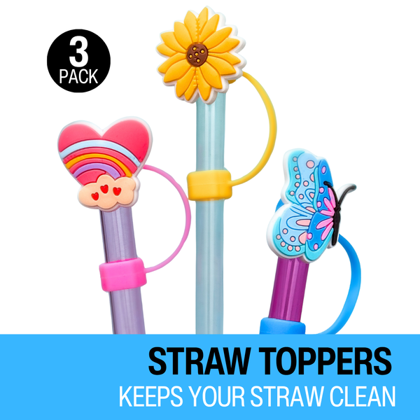 Biddlebee Three colorful straw toppers with a sunflower, heart, and butterfly design on a white background.