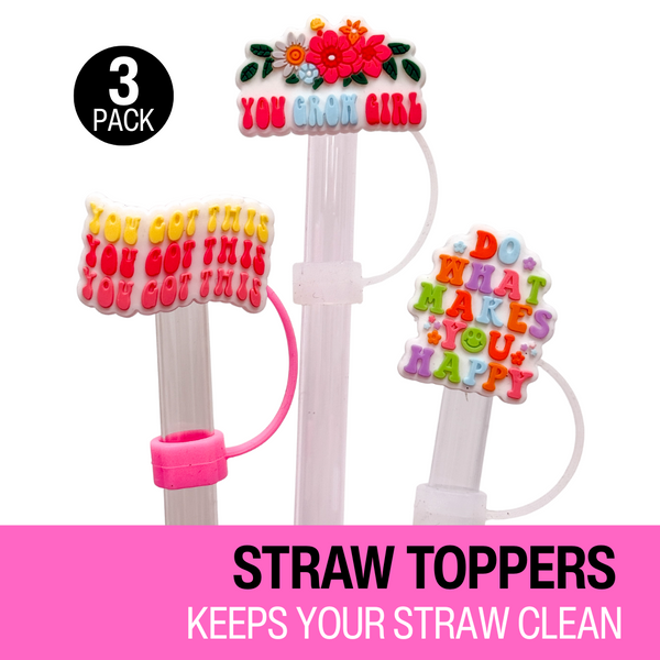 Biddlebee Three straw toppers with motivational messages on a white background