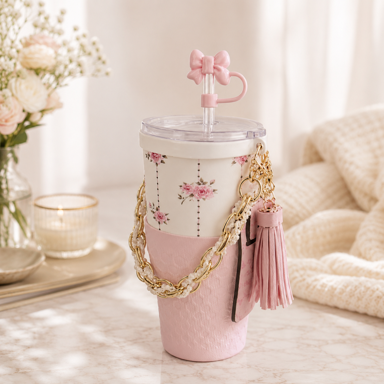 30oz Pink Rose Tumbler + Complete Pink Accessory Kit Bundle