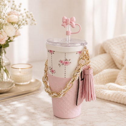 30oz Pink Rose Tumbler + Complete Pink Accessory Kit Bundle