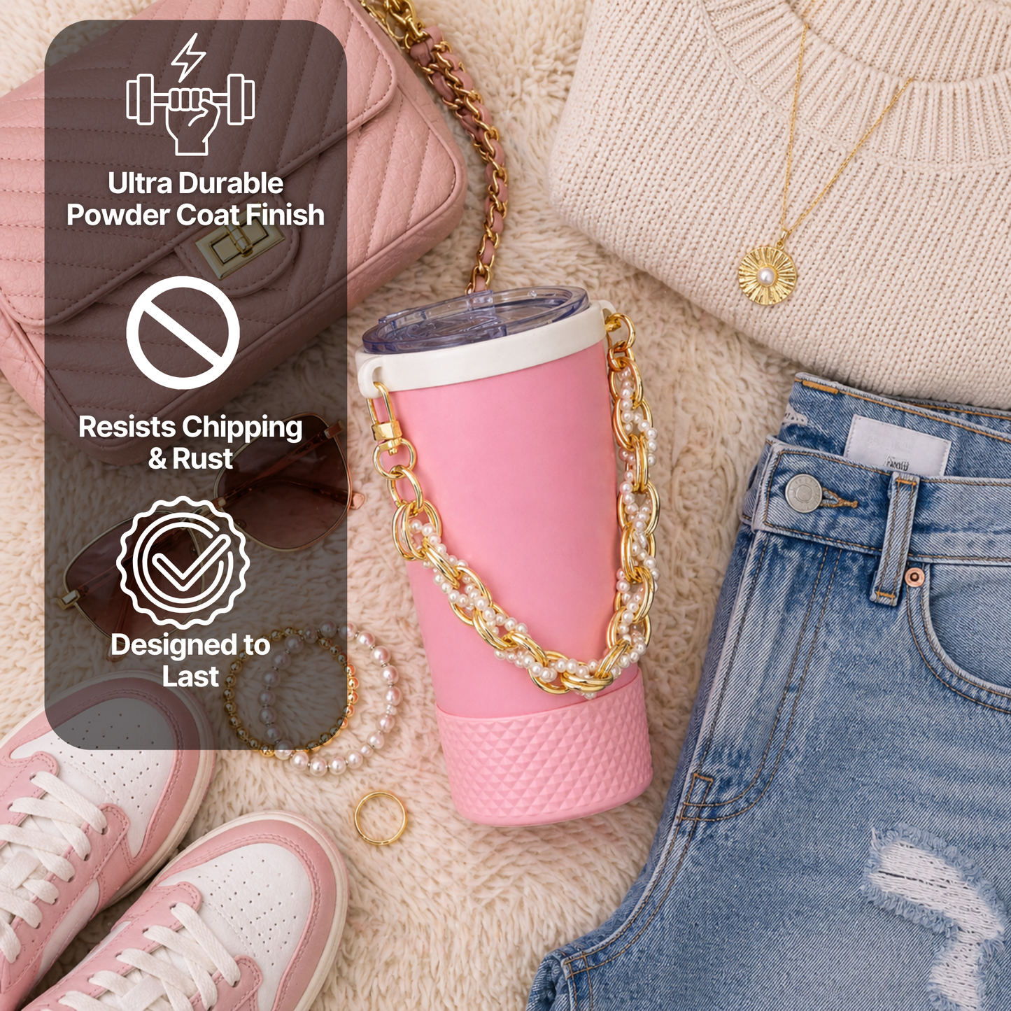 Biddlebee Brew Pink Tumbler features on a cozy background with a shirt shoes bracelet and purse 
