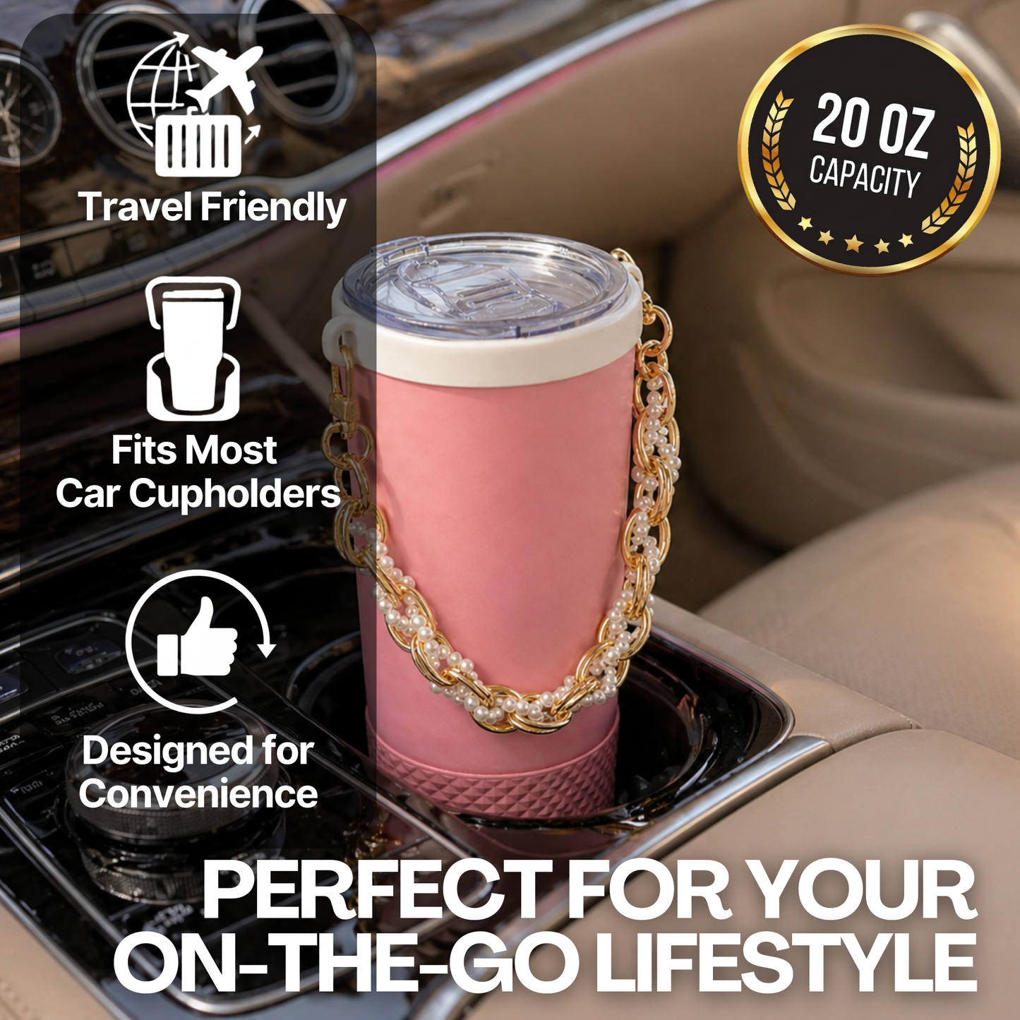 Biddlebee Brew Pink Tumbler in a car cupholder
