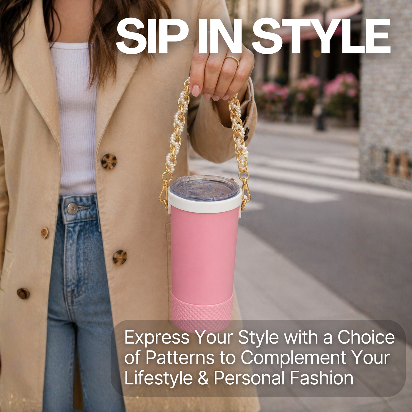 Biddlebee Brew Pink Tumbler being held by a stylish lady in the city