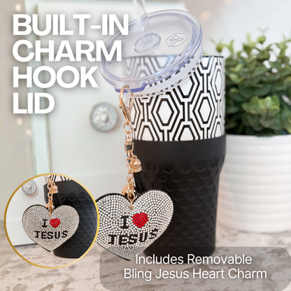 Biddlebee 30oz Faith Straw Tumbler – Black & White Geometric Cup w/ “I ❤️ Jesus” Sparkle Heart Charm & Silicone Boot