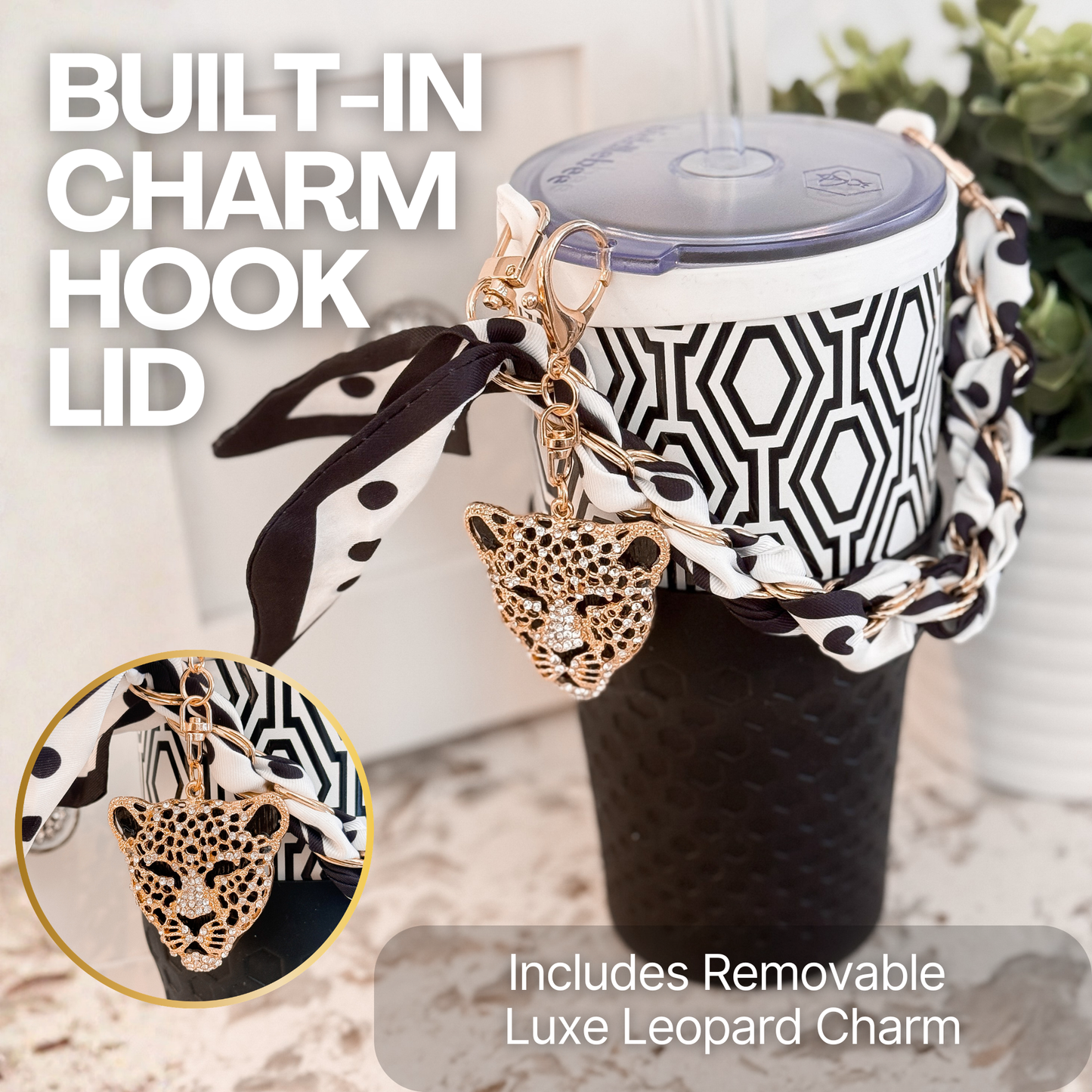 Biddlebee 30oz Black & White Geometric Straw Tumbler – Cup Holder Friendly Luxe Set w/ Leopard Charm & Chain Handle
