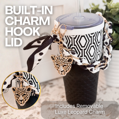 Biddlebee 30oz Black & White Geometric Straw Tumbler – Cup Holder Friendly Luxe Set w/ Leopard Charm & Chain Handle