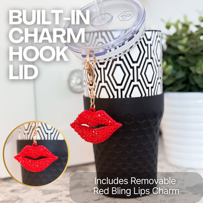 Biddlebee 30oz Black & White Geometric Straw Tumbler – Sparkly Red Lips Charm & Black Silicone Boot | Cup Holder Friendly