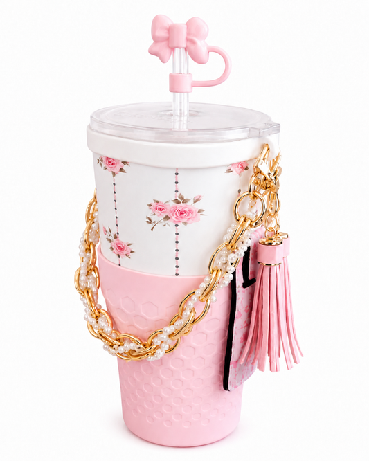 30oz Pink Rose Tumbler + Complete Pink Accessory Kit Bundle