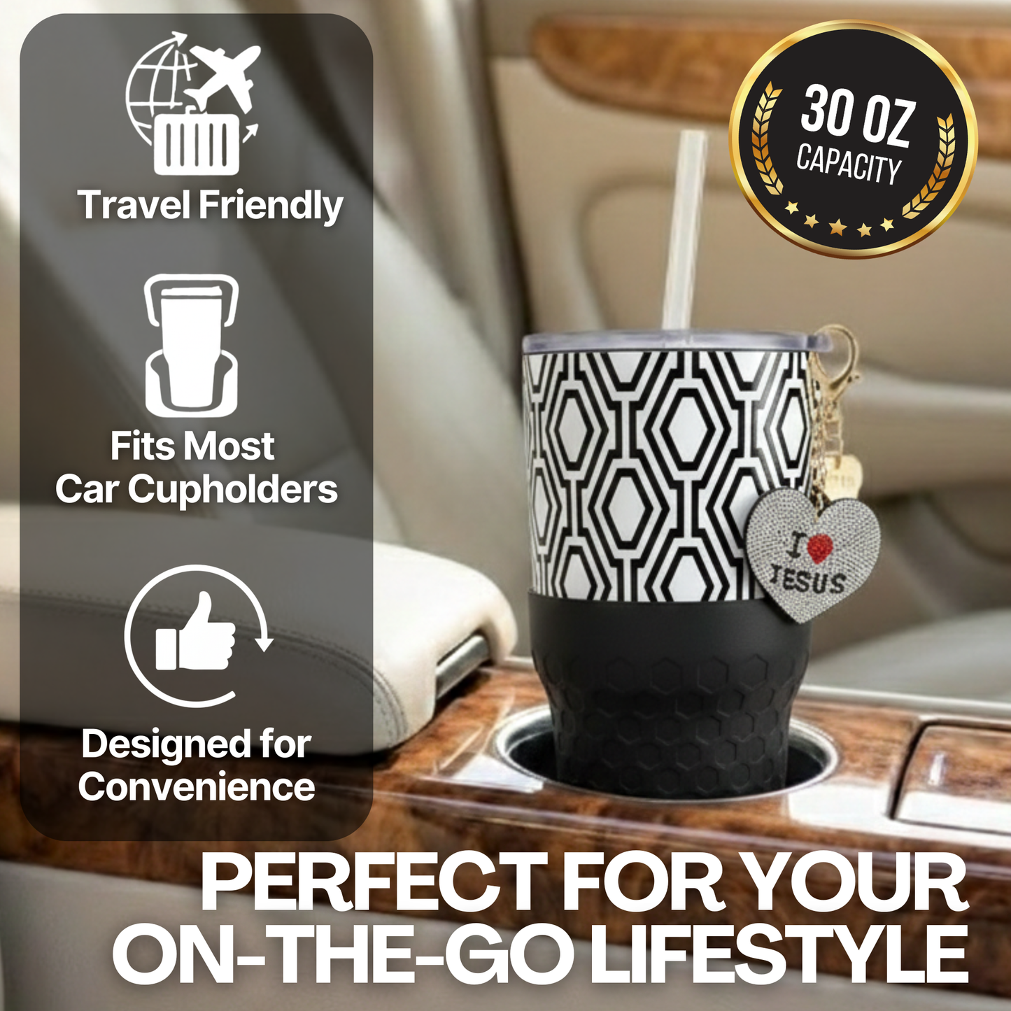 Biddlebee 30oz Faith Straw Tumbler – Black & White Geometric Cup w/ “I ❤️ Jesus” Sparkle Heart Charm & Silicone Boot