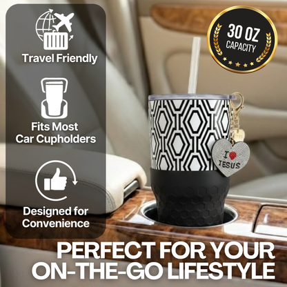 Biddlebee 30oz Faith Straw Tumbler – Black & White Geometric Cup w/ “I ❤️ Jesus” Sparkle Heart Charm & Silicone Boot