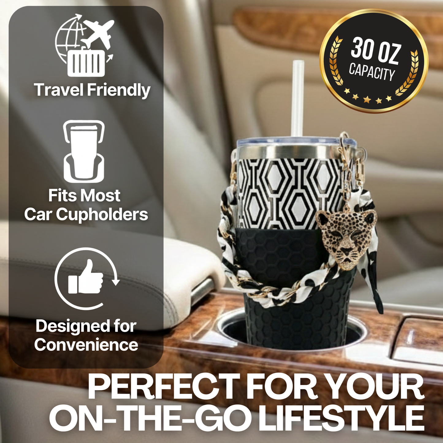 Biddlebee 30oz Black & White Geometric Straw Tumbler – Cup Holder Friendly Luxe Set w/ Leopard Charm & Chain Handle