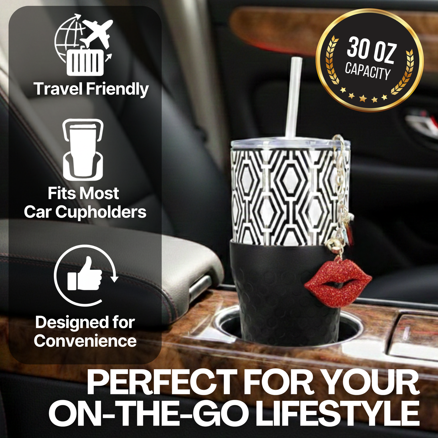 Biddlebee 30oz Black & White Geometric Straw Tumbler – Sparkly Red Lips Charm & Black Silicone Boot | Cup Holder Friendly