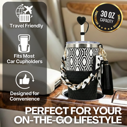 Biddlebee 30oz Black & White Geometric Straw Tumbler – Cup Holder Friendly Luxe Set w/ Chain Handle & Accessories