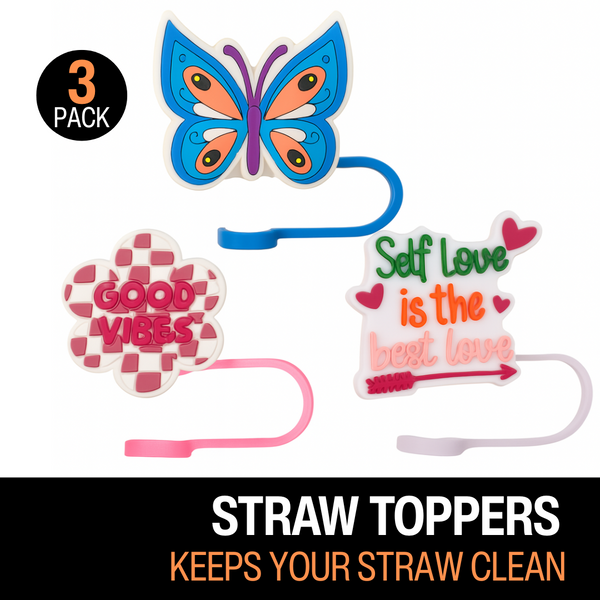 Biddlebee Three straw toppers with butterfly, 'Good Vibes', and 'Self Love is the best love' designs on a white background.