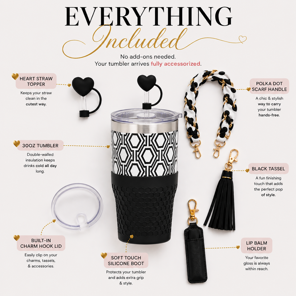 30oz Black & White Tumbler + Complete Black Accessory Kit Bundle