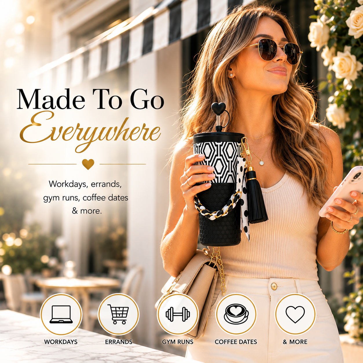 30oz Black & White Tumbler + Complete Black Accessory Kit Bundle