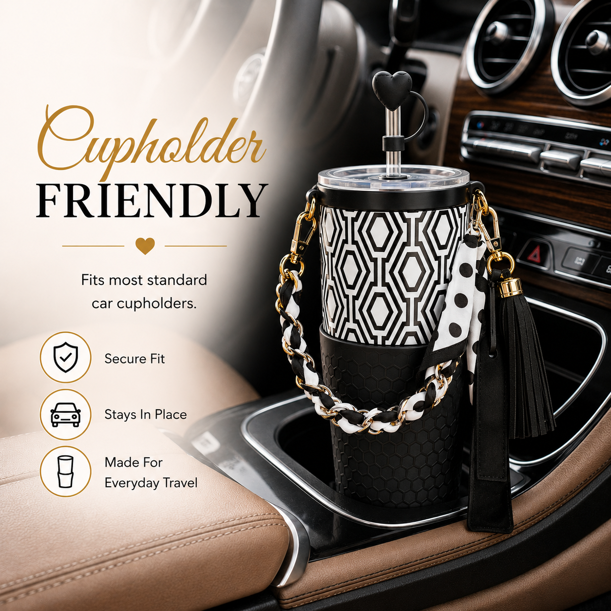 30oz Black & White Tumbler + Complete Black Accessory Kit Bundle