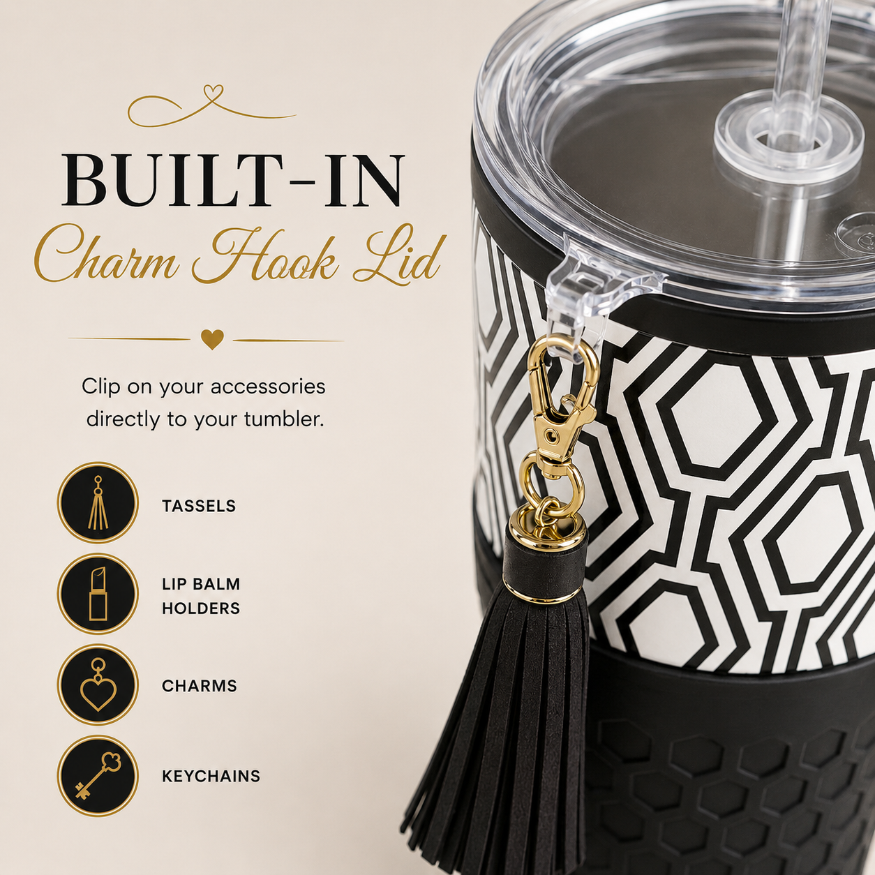 30oz Black & White Tumbler + Complete Black Accessory Kit Bundle