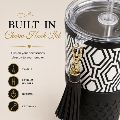 30oz Black & White Tumbler + Complete Black Accessory Kit Bundle