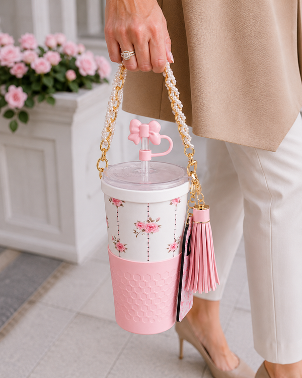 30oz Pink Rose Tumbler + Complete Pink Accessory Kit Bundle