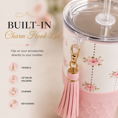 30oz Pink Rose Tumbler + Complete Pink Accessory Kit Bundle