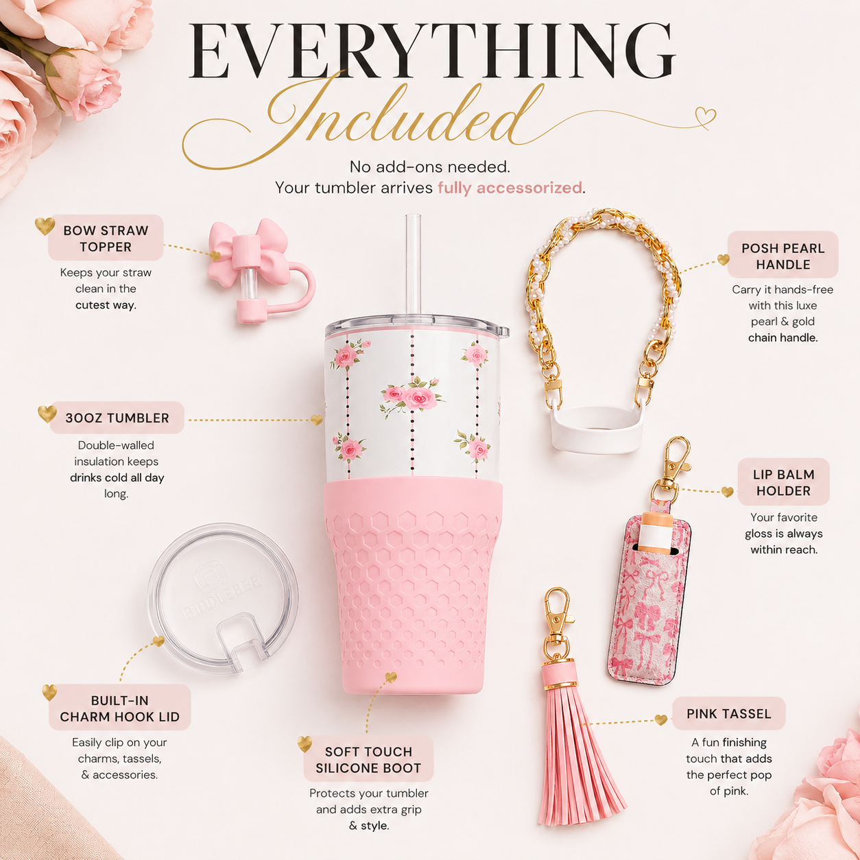 30oz Pink Rose Tumbler + Complete Pink Accessory Kit Bundle