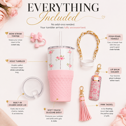 30oz Pink Rose Tumbler + Complete Pink Accessory Kit Bundle