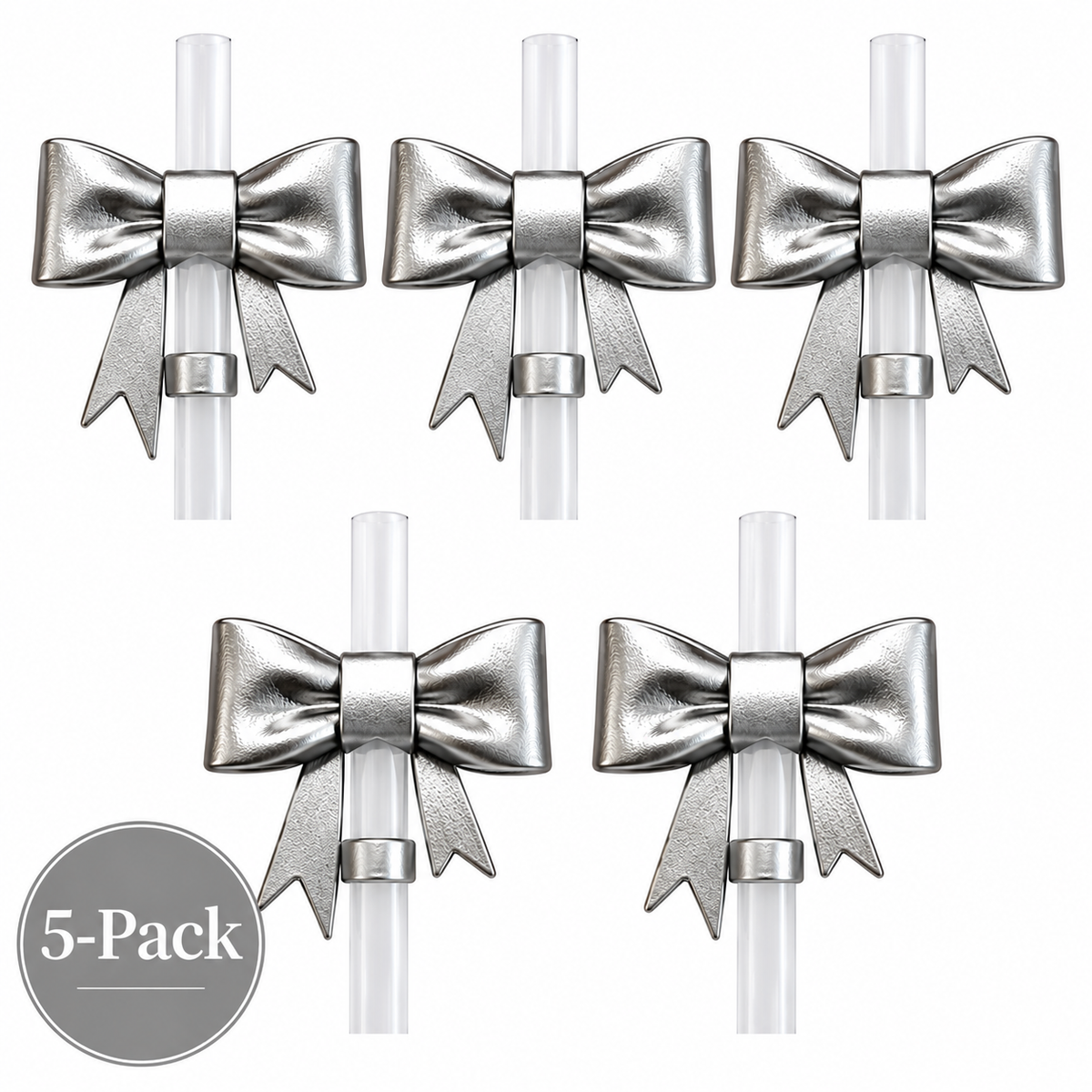 Straw Topper 5-Pack | Silver Bows