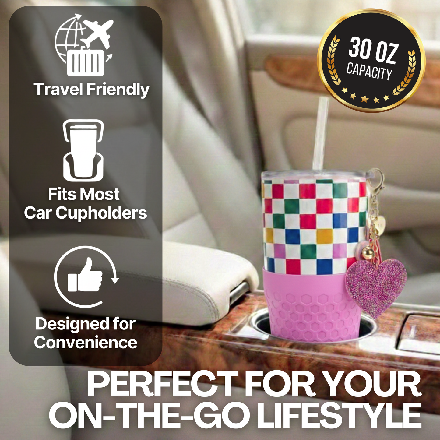 Biddlebee 30oz Happy Check Charm tumbler with easy sip straw, shimmer heart charm and silicone boot in car cupholder, travel-friendly features displayed.