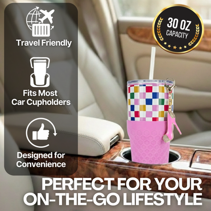 Biddlebee 30oz Colorful Check Straw Tumbler – Pink Silicone Boot & Sparkly High Heel Charm | Cup Holder Friendly