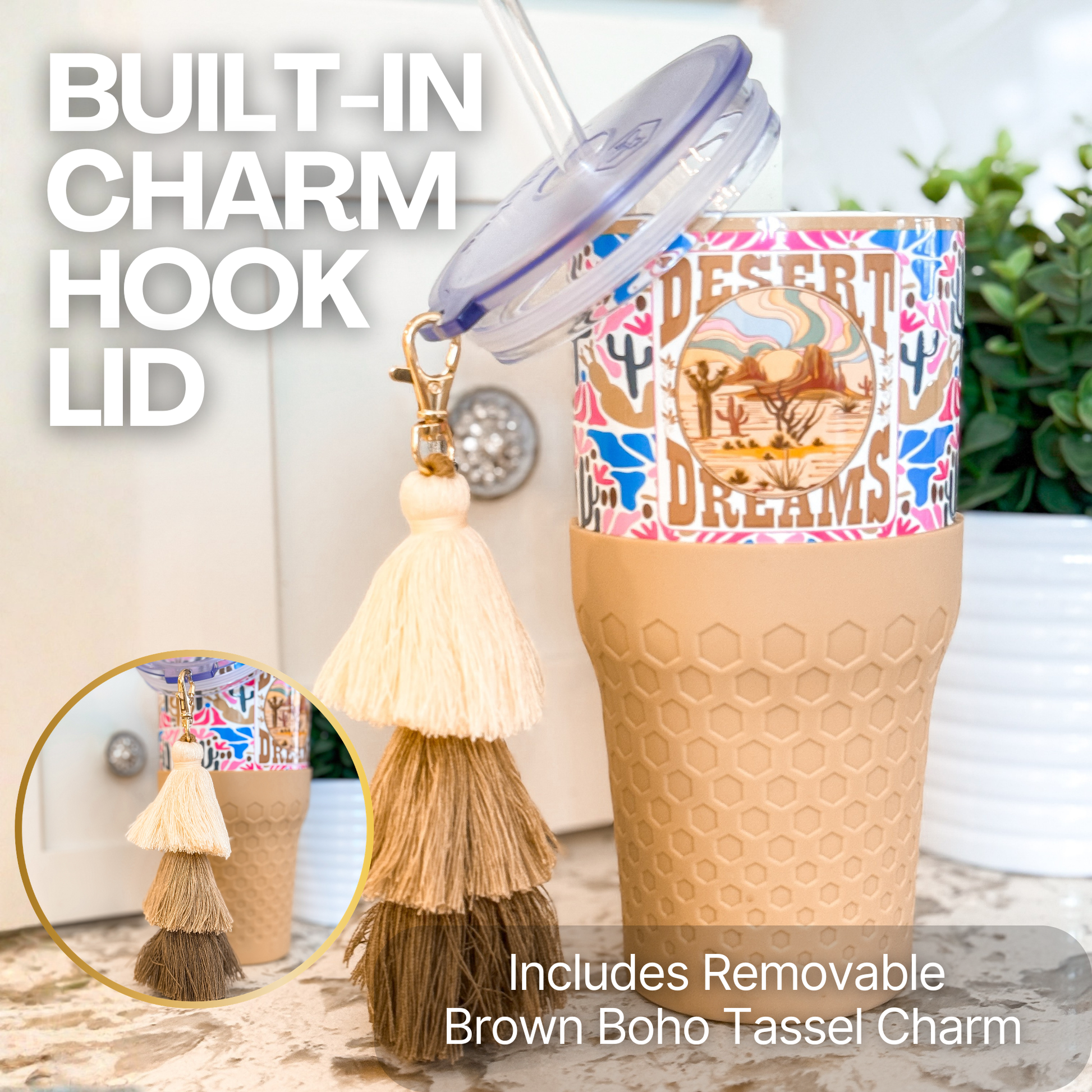 Biddlebee 30oz Desert dreams Charm tumbler with easy sip straw, boho tassel charm, and silicone boot.  Features southwestern boho print pattern. 