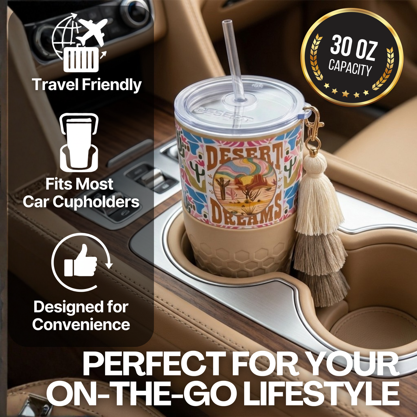 Colorful travel mug with desert design in a car cupholder, featuring text about its features.