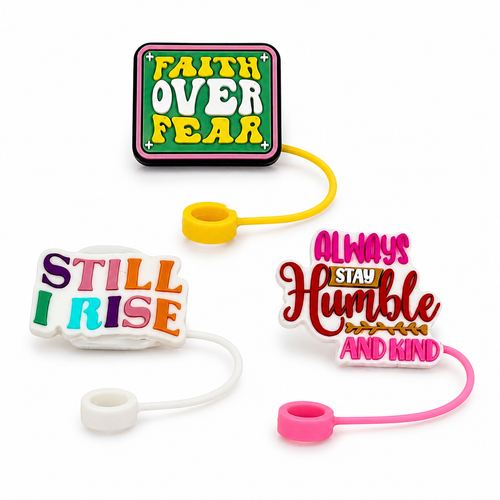 Biddlebee Straw Toppers Faith Sayings on White Background