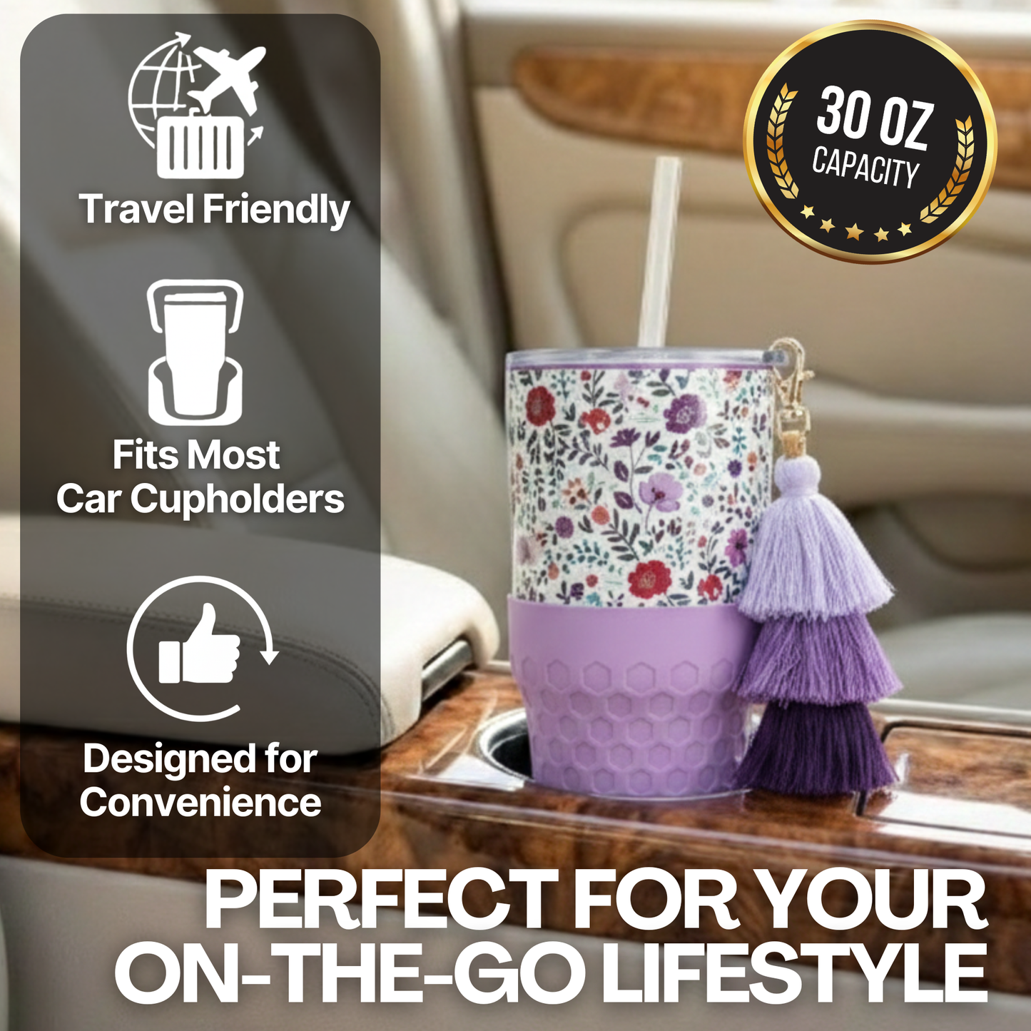 Biddlebee 30oz Floral Garden Straw Tumbler – Purple Boot & Puff Tassel Charm | Cup Holder Friendly