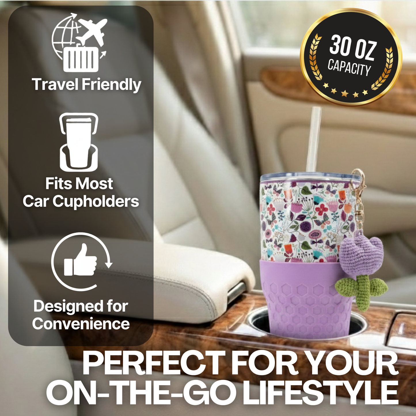 Biddlebee 30oz Floral Garden Straw Tumbler – Cup Holder Friendly w/ Purple Tulip Charm